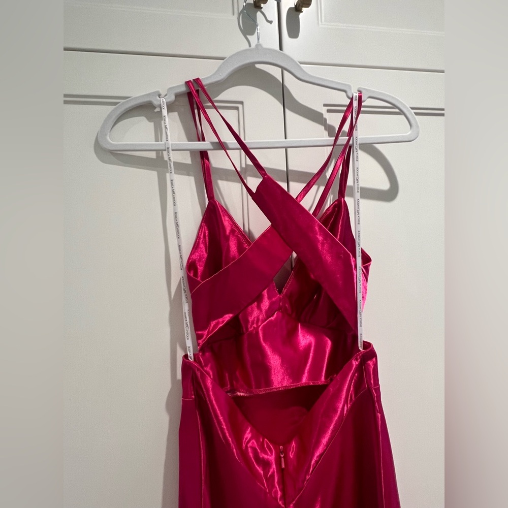 Hot Pink Satin Evening Gown with Beaded Waist - Picture 4 of 5